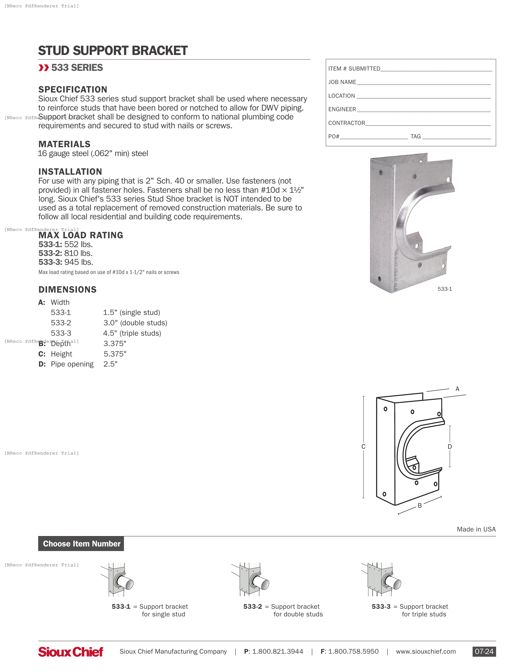 533  SERIES - STUD SHOE - SPEC SHEET.PDF Specification Document